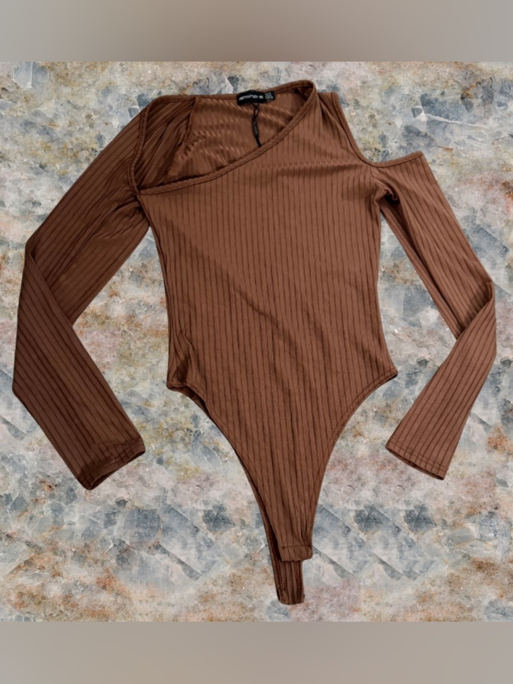 PrettyLittleThing PLT Chocolate Brown Ribbed One Shoulder Bodysuit US 6